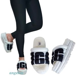 New Ugg maxi slide logo quilted puff platform slipper sandals white black size 8